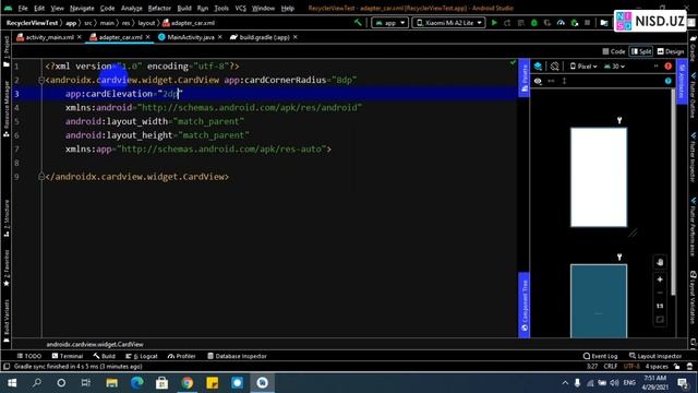 2. Android Studio. RecyclerVew + CardView - kutubxonalarni yuklash va dizayn qismni yaratish