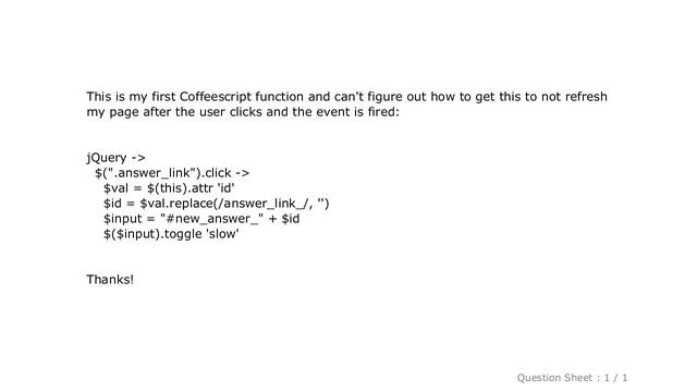 jQuery : How can I write this coffeescript so it doesnt refresh my page?