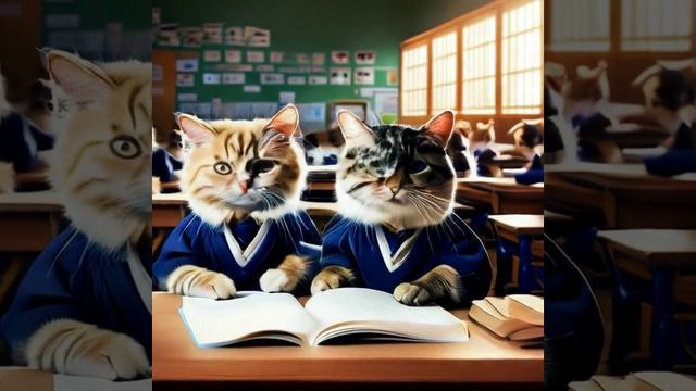 Коты за партой учатся читать, животные, создано нейросетью
