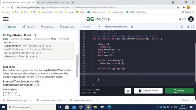 GeeksforGeeks - Equilibrium Point  in Hindi | Java