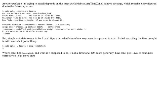 Dpkg fails to configure package tzdata--how can I fix templatedb?
