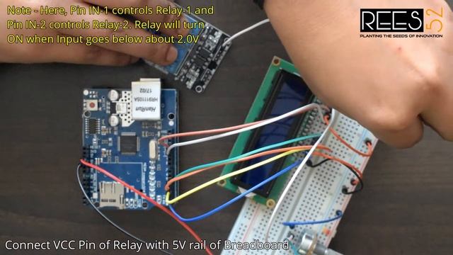 Control the bulbs using 2 channel 5v Relay module and 16*2 LCD with ethernet shield