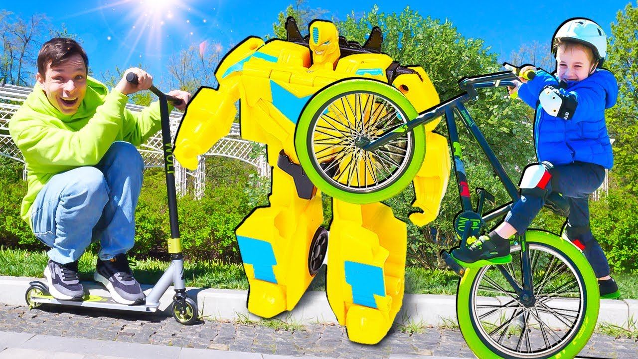 Робот трансформер Бамблби у Федора - Тестируем Велосипед и Самокат NOVATRACK WOLF! Игры для детей