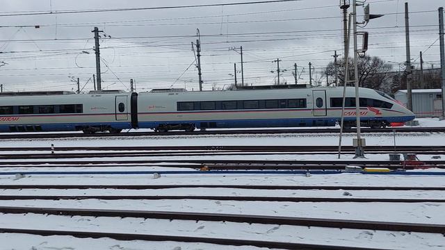 Зимняя сенсация: поезд Сапсан пролетает станцию Обухово в ледяную погоду