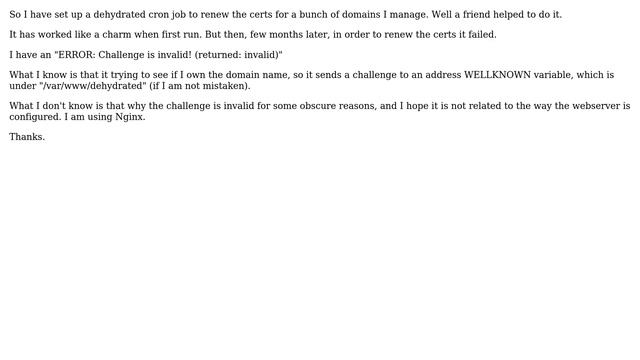 dehydrated cronjob - HTTP-01 challenge invalid
