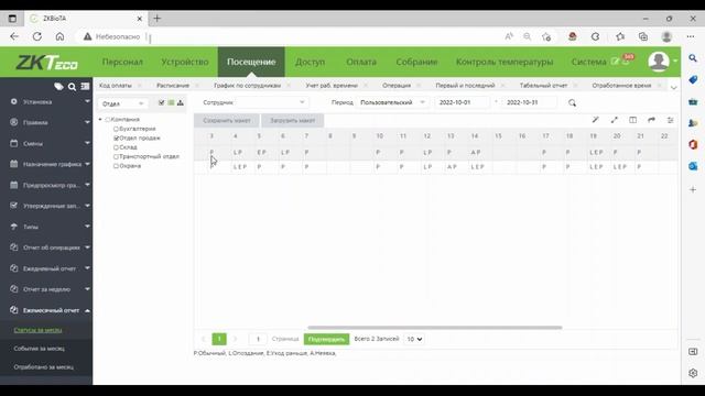 Учет Рабочего Времени ZKTeco.  ПО BioTime 8.0.7  Отчет Статусы за месяц.