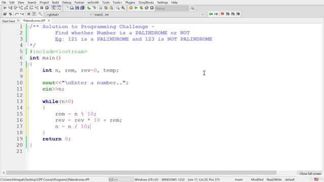 18. Solution to Programming Challenge - Find whether a number is PALINDROME or NOT