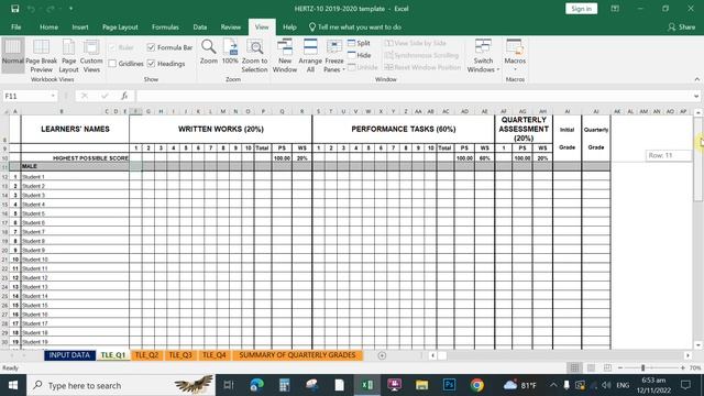 Freeze Panes to easily INPUT raw scores in DepEd E class Record