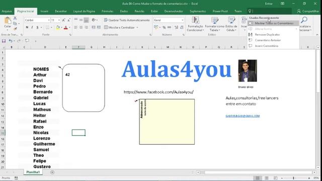 Excel Como mudar forma de comentario ,cor e inserir com formatação aula 04