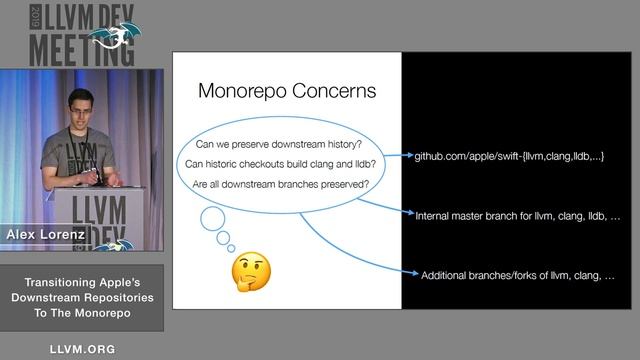 2019 LLVM Developers’ Meeting: A. Lorenz “Transitioning Apple's Downstream llvm-project Reposit...”