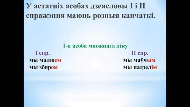 Першае і другое спражэнне дзеясловаў. Канчаткі дзеясловаў 1-й асобы адзіночнага ліку