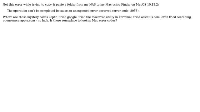 Apple: MacOS error code -8058
