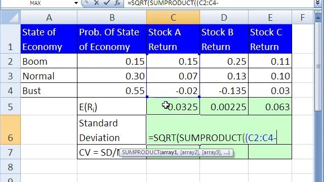 Excel Statistics 61: Stock Expected Return & Standard Deviation (Probability)
