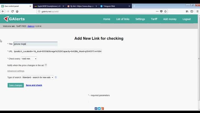 EBay Alerts - FREE notifications every 10 minutes by email and Telegram bot