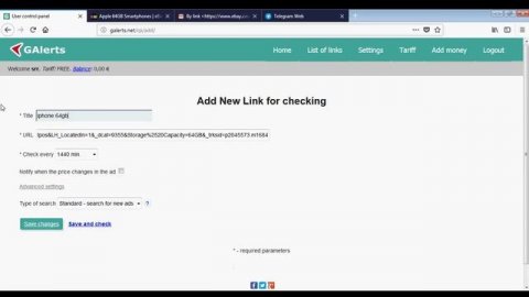 EBay Alerts - FREE notifications every 10 minutes by email and Telegram bot