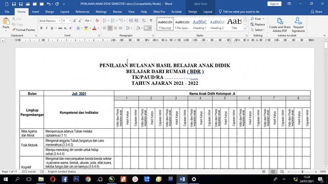 Penilaian Bulanan BDR PAUD TK RA Semester I