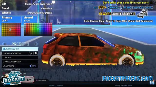 Win 5x FREE Rocket League Honda Civic Type R Car Designs (Chameleon) Rocketprices.com Giveaway 209-