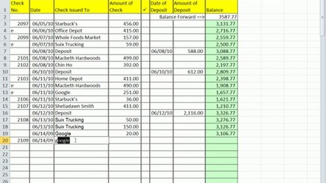 Excel 2010 Business Math 40: Create Checkbook Register In Excel Using IF function
