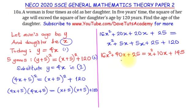 Quadratic Equation Word Problem - 2020 NECO Past Question