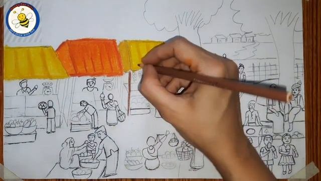 How to draw village market drawing easyvillage market scenery  for beginners market drawing easy