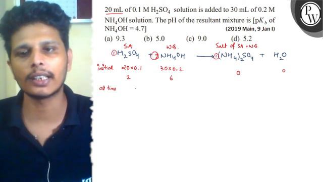 20  mL of 0.1 MH_2SO_4 solution is added to 30  mL of 0.2 M NH_4OH solution. The pH of the result..