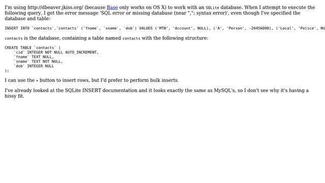 Databases: DBEAVER: SQL error or missing database (near ",": syntax error)
