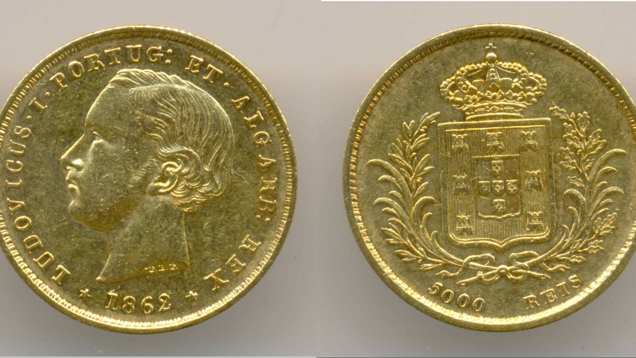 Нумизматика. Золотая монета. Португалия, 5000 реалов 1862 г.