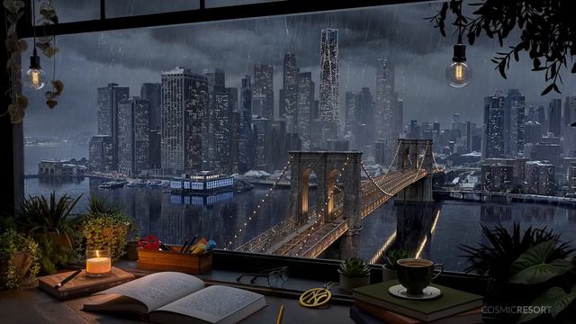 Lower Manhattan Ambience Overlooking Brooklyn Bridge   Rain and Distant Thunder Sounds