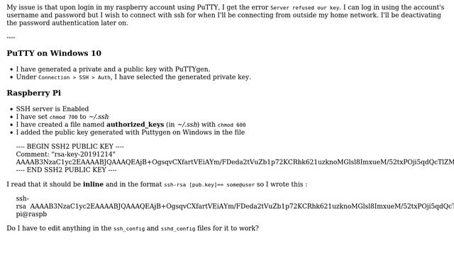 Configure SSH in Raspberry Pi using PuTTY Server refused our key