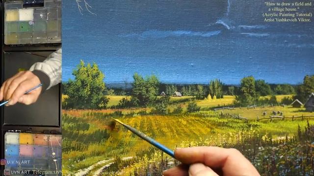 How to draw a field and a village house (Acrylic Painting) Step by step | lesson | Episode 6.