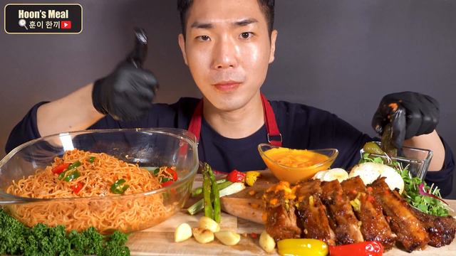 ASMR 바베큐 폭립 리얼사운드 먹방 매운 비빔면 4봉 꿀조합 BBQ Pork Ribs and Spicy Noodles MUKBANG Eating Show บาร์บีคิว SU