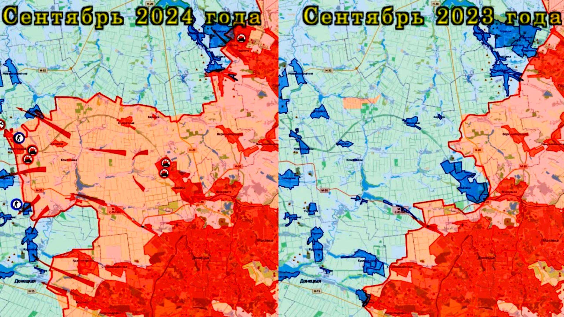 Карта боевых действий у Донецка с сентябрь 2023 года по сентябрь 2024 года