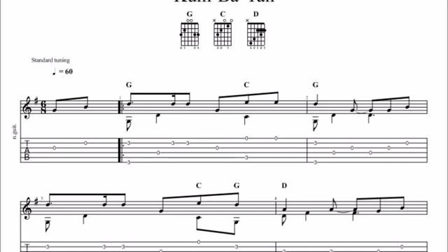 Kumbayah, My Lord with tablature/sheet music for solo fingerstyle guitar