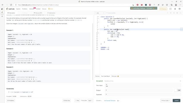 LeetCode 1742 | Maximum Number of Balls in a Box | Counting Array | Java
