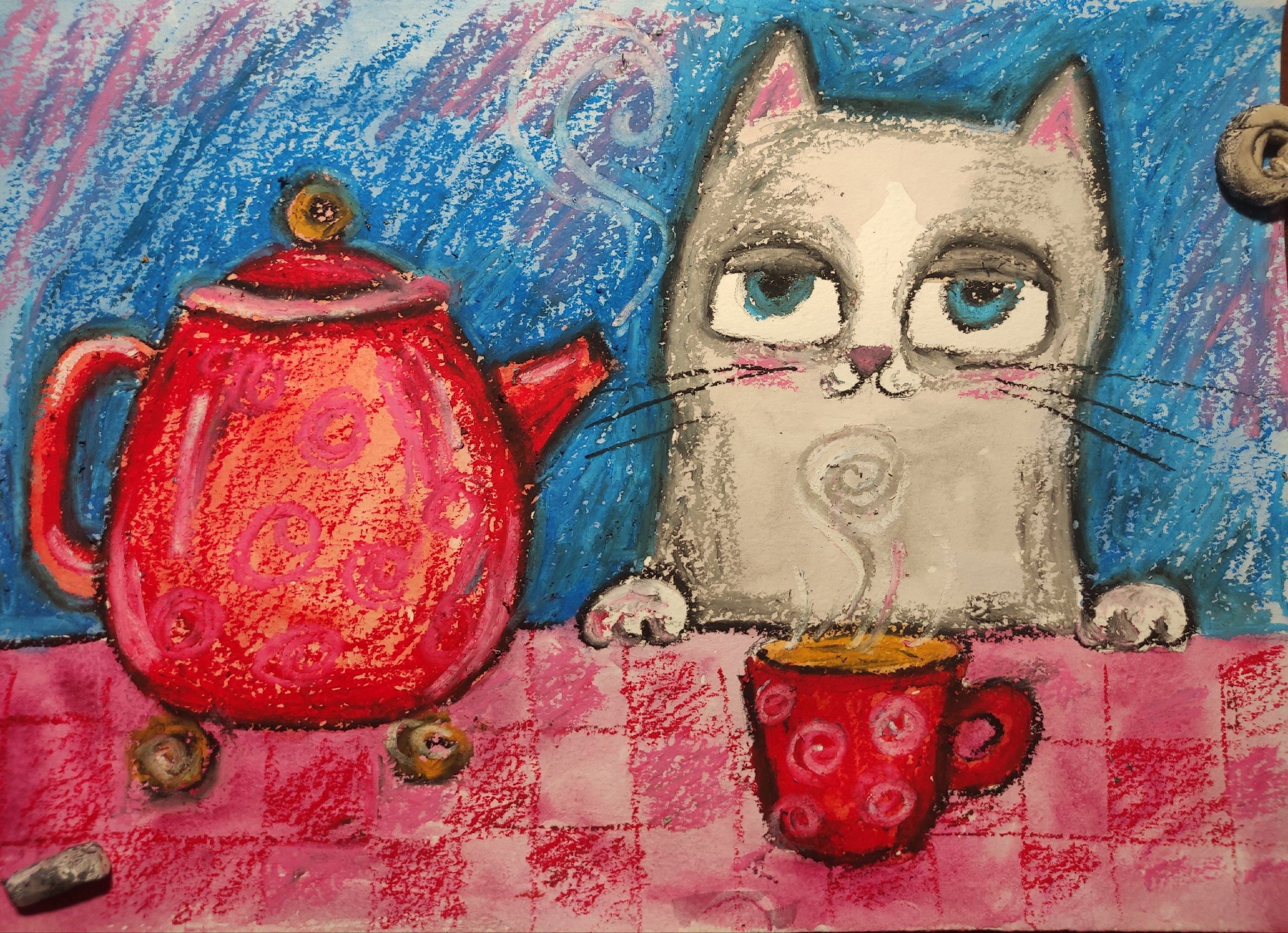 Кот и чай. Работа пастелью.