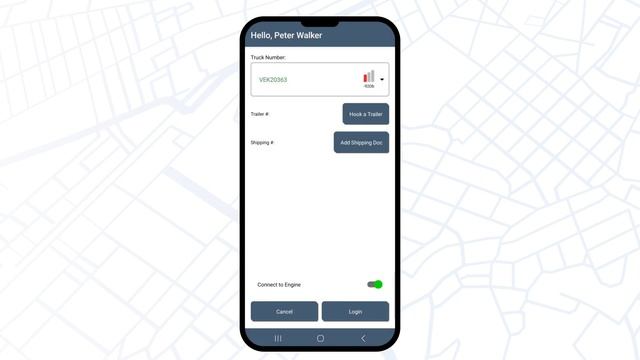 Процедура входа в систему на устройстве Android для выполнения первого подключения приложения к ELD