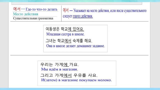 Корейский язык:  [Место действия (Где?) - Гр: 에서]