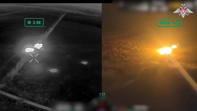 Залп тяжёлой огнемётной системы ТОС-1А «Солнцепёк» в ночное время суток по позициям хряковояк на оре