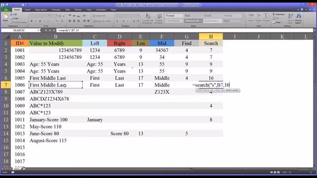 Left, Right, Len, Mid, Find, and Search Functions in Excel