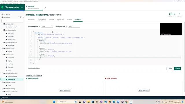 Showing how to create a Schema Validation and indexes on MongoDB Compass - PUC Campinas