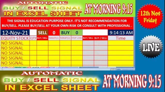 INTRADAY LIVE AUTOMATIC BUY/SELL SIGNAL IN EXCEL SHEET, DATED-12/11/2021 AT 09:15 AM