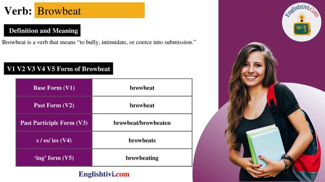 Browbeat V1 V2 V3 V4 V5 Base Form, Past Simple, Past Participle Form of Browbeat | Englishtivi.com