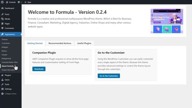 How to install and active formula theme Documentation