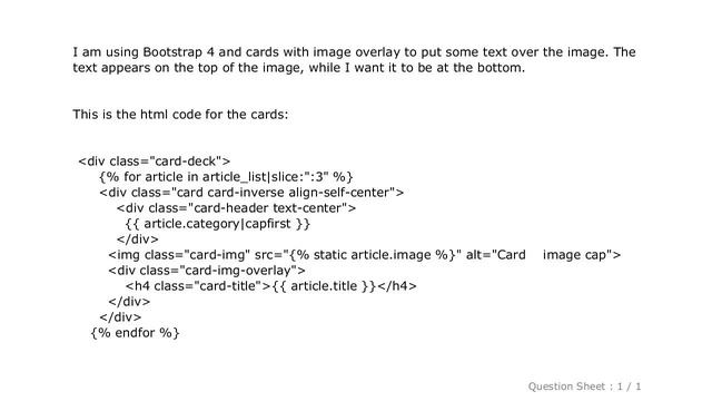 HTML : How do I position text on the bottom of an image overlay in a card in Bootstrap 4