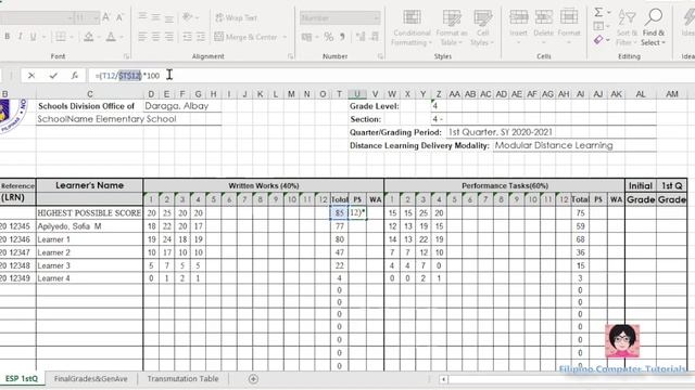 How to Compute Grades using MS Excel Formula DepEd SY 2020-2021 PART1 Tagalog
