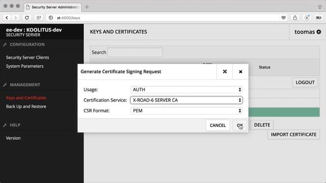 Generating a certificate signing request for an authentication key