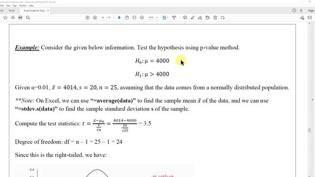 Hypothesis Testing for Mean (Unknown Population Standard Deviation - Using Excel)