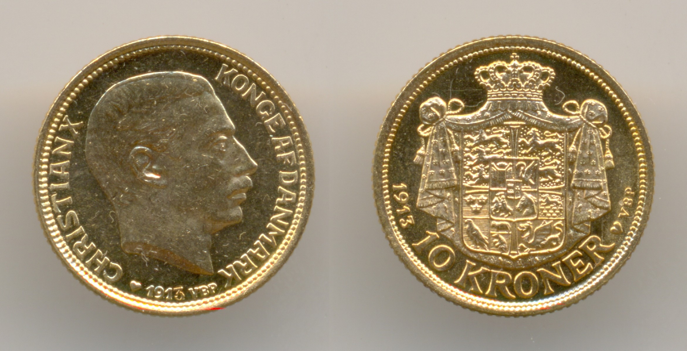 Нумизматика. Золотая монета. Дания, 10 крон 1913 г.