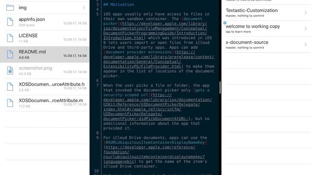 Using Drag and Drop on iOS 11 to Open a Git Repository in Textastic 6.4