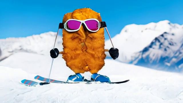 Жареная котлета в солнечных очках и на лыжах в горах